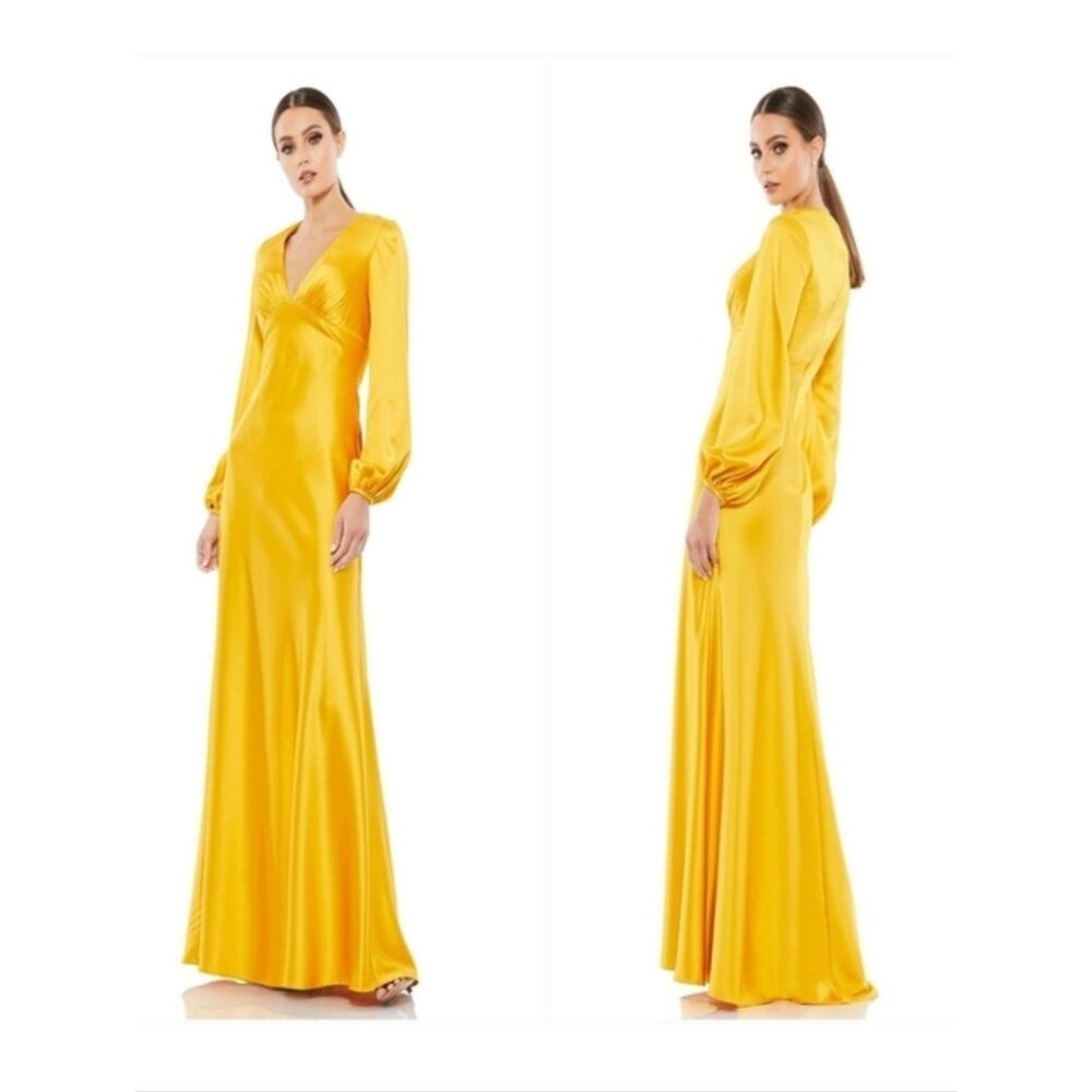 Mac Duggal Women's Yellow Satin Long Sleeve V-Neck Maxi Dress SIZE 8  NWT 55693